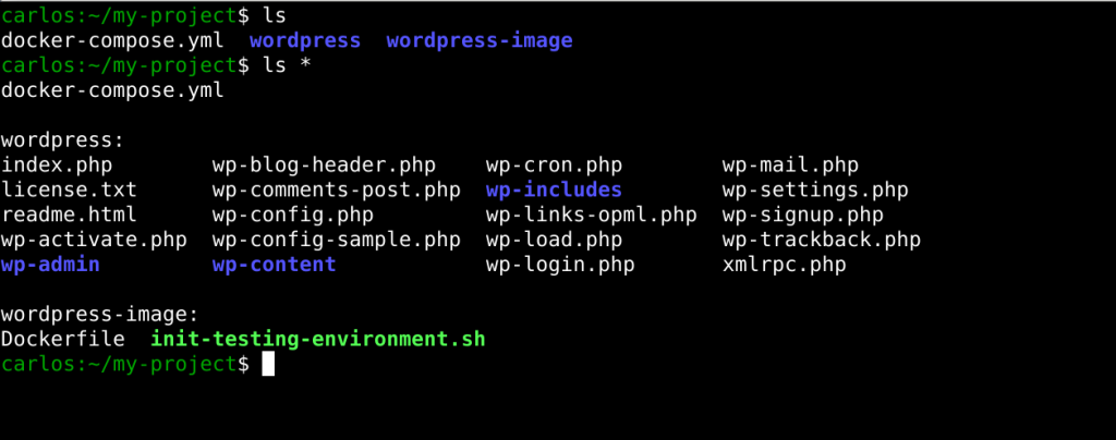 project folder structure with configuration of wordpress and docker