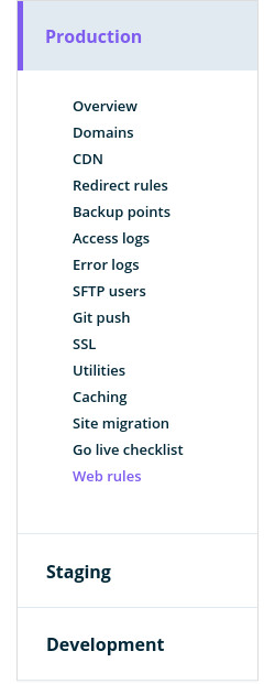 WPEngine site sidebar menu